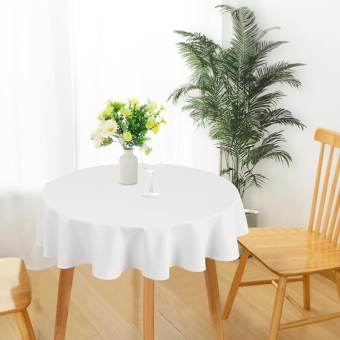 JIUZHEN Round Textured Table Cloth Linen Wrinkle Free Stain Resistant Farmhouse Decorative Circular Tablecloth for Kitchen, Dining, Party, Wedding, Outdoor Use (50 Inch Round,White)