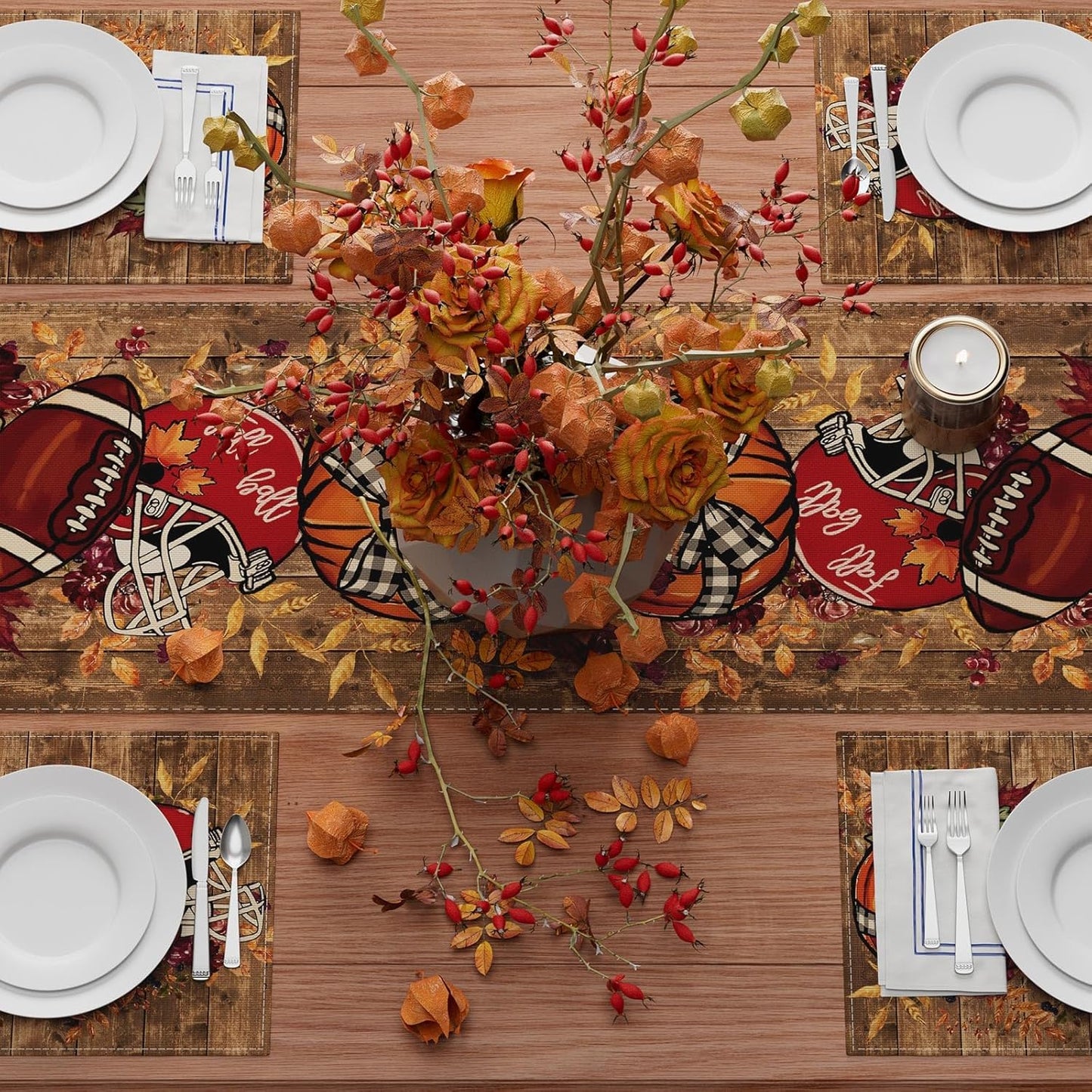XCHI Fall Football Pumpkin Wood Table Runner Table Decoration for Kitchen Dining Dinner Autumn Home Decor 13x90 Inch