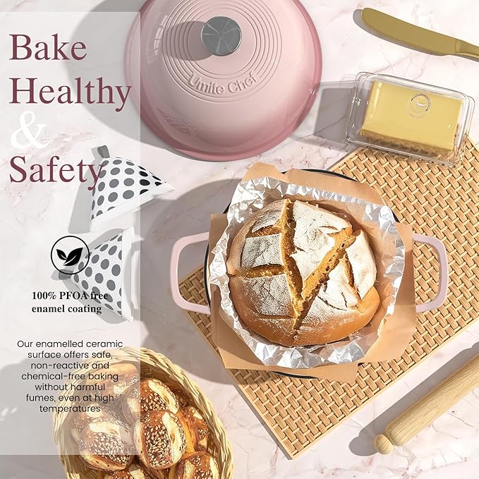 Cast Iron Dutch Oven Pot with Lid, Round Bread Oven for Sourdough Bread Baking, Umite Chef Enameled Cast Iron Bread Oven with Dome Lid & Cotton Potholders for Sourdough, Pink, 6 Quarts