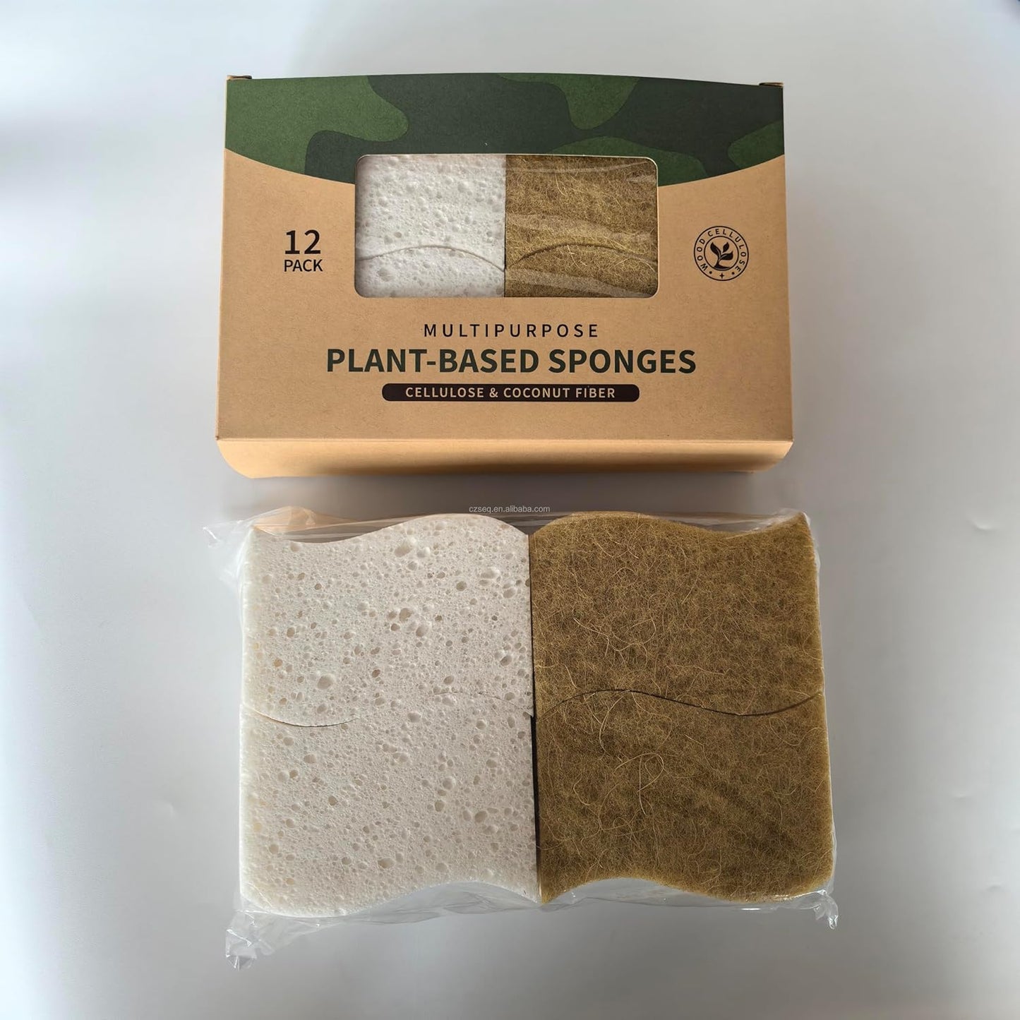 Natural Kitchen Sponge - Eco-Friendly Dish Sponges for Kitchen, Pack of 12 – Biodegradable Cellulose & Coconut Fiber Scrubbers – Sustainable Household Cleaning Sponges