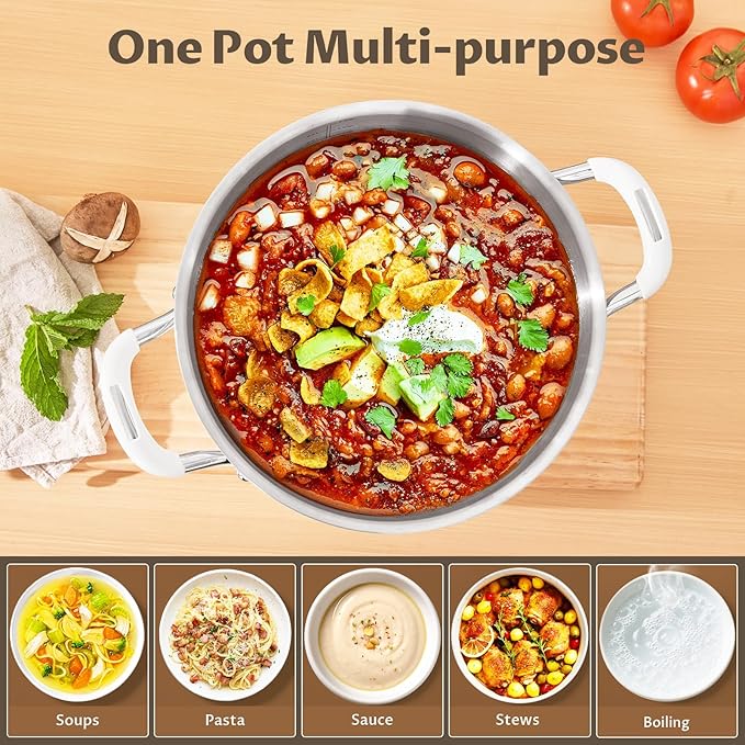 10 Quart Pot with Lid, BEZIA Tri-Ply Stainless Steel Stock Pots, Large Cooking Pots with Silicone Handle, Soup Pot for Induction Cooktop, Compatible with All Cooktops, Dishwasher Safe