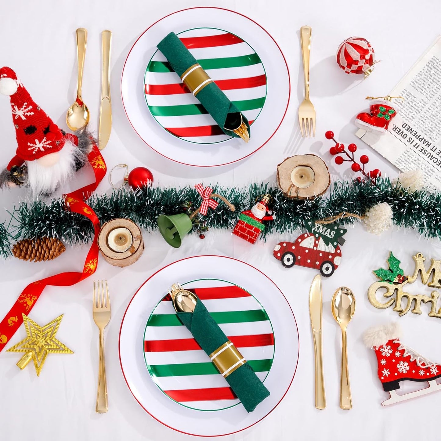 WONDERFUL 180 Pcs Plastic Christmas Plates Dinnerware Set Disposable Christmas Plates With Cutlery Include 30 Dinner Plate 30 Dessert Plate 30 Pre Rolled Napkins With Silverware For Xmas Day 30 Guests