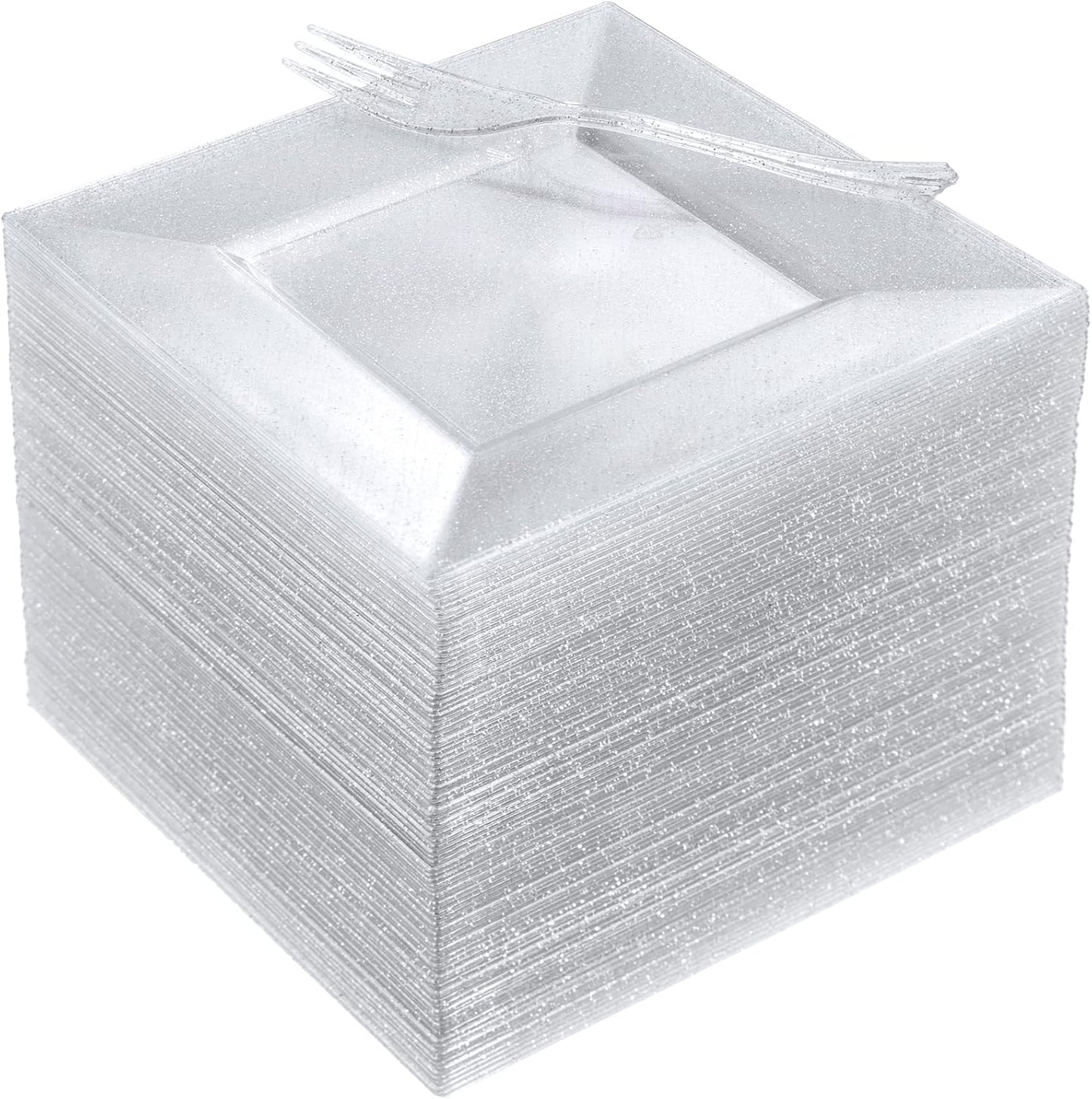 DaYammi 100 Pcs Plastic Dessert Plates 6" with 100 Pcs Plastic Forks 5.7"- Silver Glitter Disposable Square Plate Fancy Salad Plate Appetizer Plates and Silver Forks Combo Bulk Set for Wedding Party