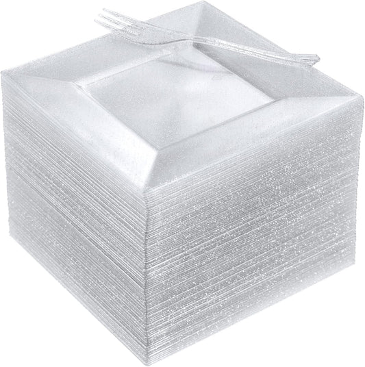 DaYammi 100 Pcs Plastic Dessert Plates 6" with 100 Pcs Plastic Forks 5.7"- Silver Glitter Disposable Square Plate Fancy Salad Plate Appetizer Plates and Silver Forks Combo Bulk Set for Wedding Party