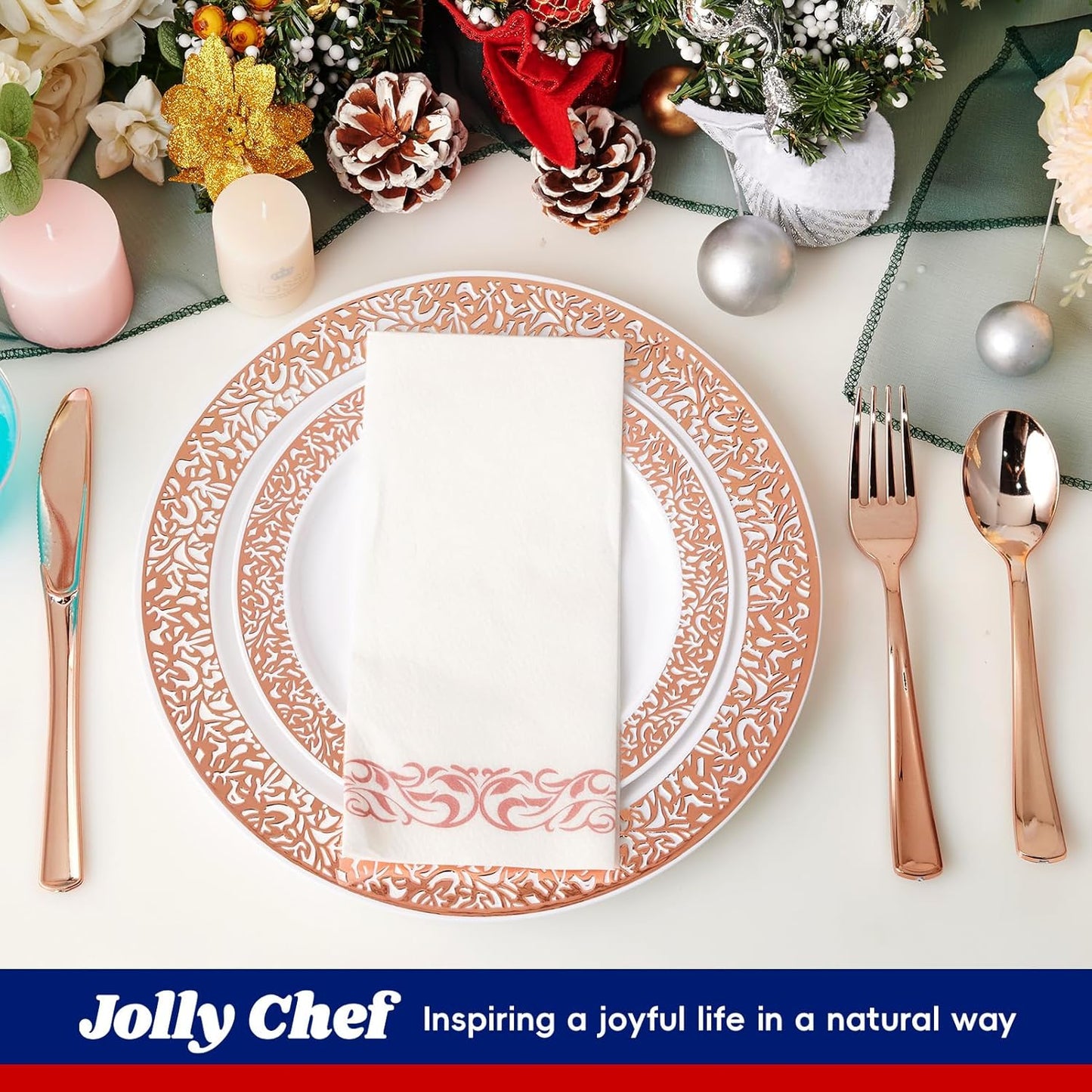 𝟮𝟭𝟬 Count Rose Gold Plastic Dinnerware Disposable Plates 30 Dinner & 30 Dessert Plates & 30 Cups & 30 Rose Gold Paper Napkins & 30 Plastic Silverware Set