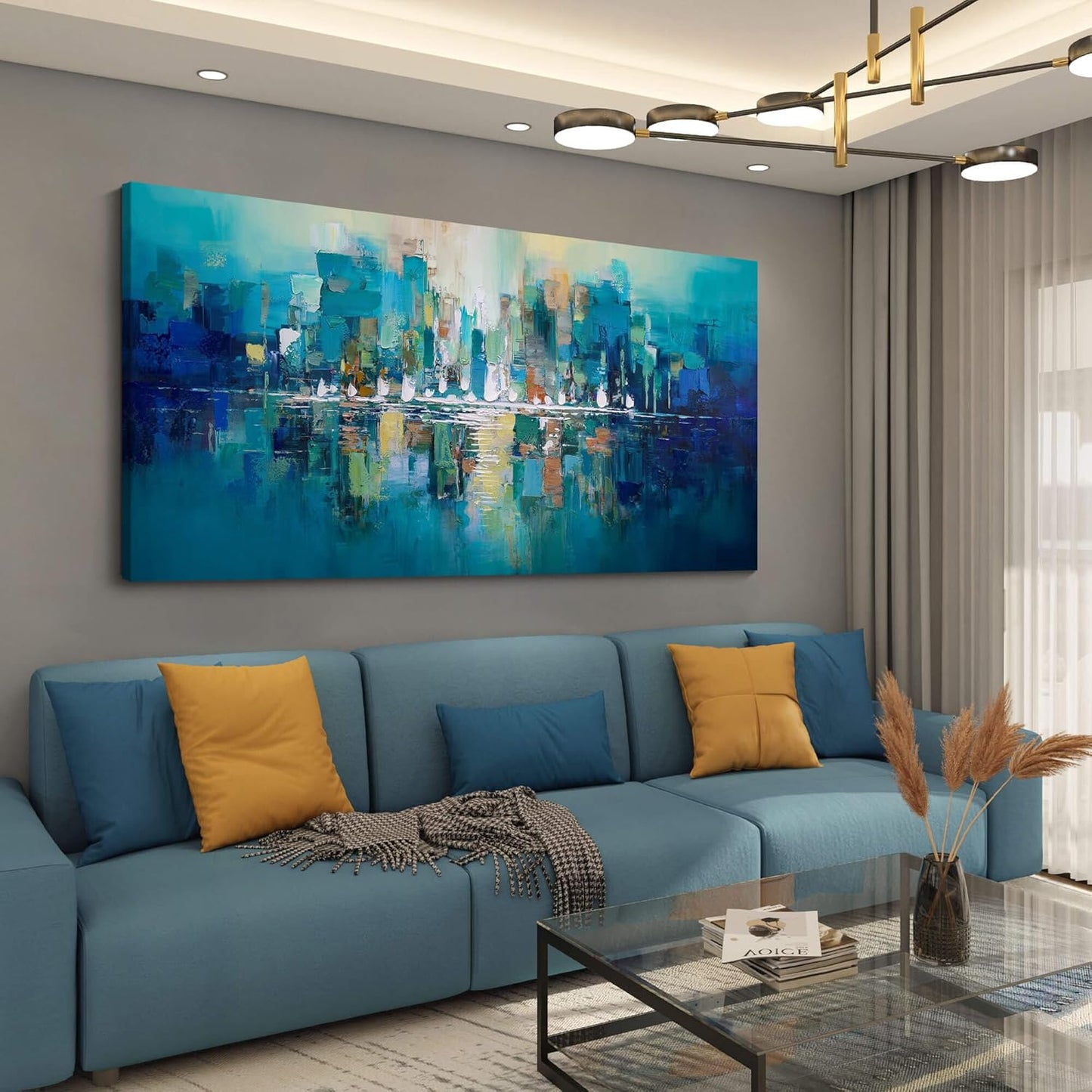 YDYSUNE Large Canvas Wall Art for Living Room - Abstract Wall Decor City View Framed Picture Artwork for Decorative Paintings Teal and White Modern Office Bedroom Art Size 29x58inch