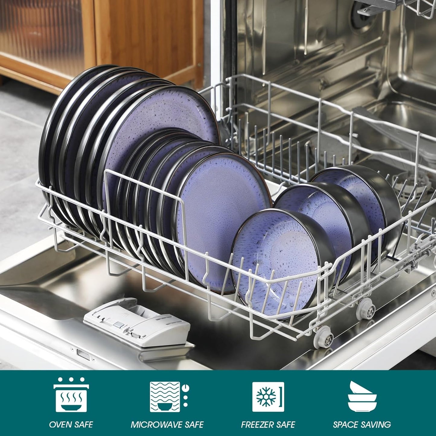 vancasso Plates and Bowls Sets, 18 Pieces Stoneware Dinnerware Sets for 6, Kitchen Dish Set Mircowave and Dishwasher Safe Dinner Set Ceramic Dishware, Light Purple, Series AMBER