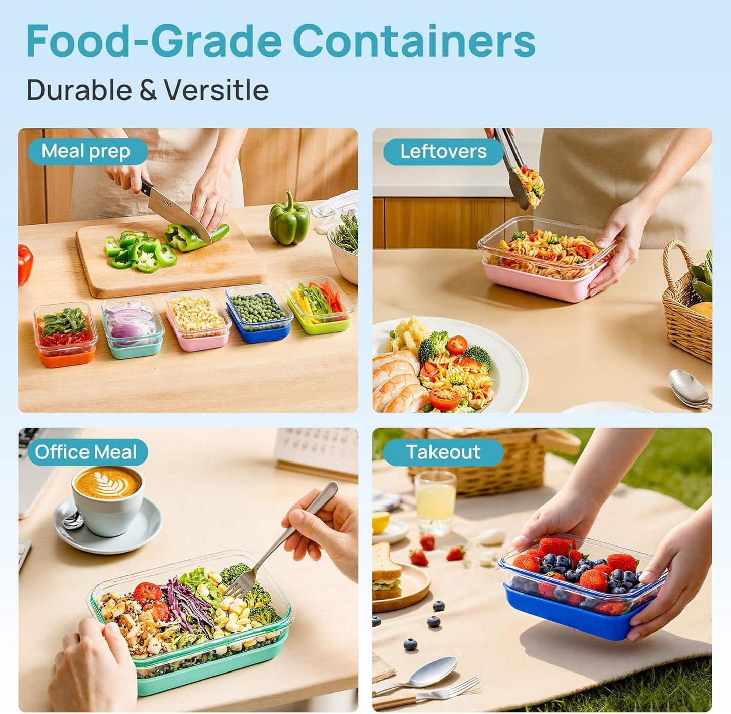 Vtopmart 5 Pack 28oz Glass Food Storage Containers Set with Silicone Sleeve，Glass Meal Prep Containers, Lunch containers with Airtight BPA-Free Plastic Lids, Dishwasher, Microwave, and Freezer Safe