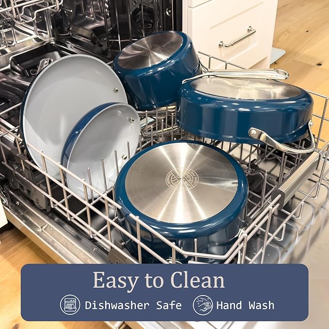 Nonstick Ceramic Frying Pan 10 Inch Induction Compatible - Non Toxic, PTFE/PFOA/PFAS Free, Oven & Dishwasher Safe up to 500°F - Non Stick Small Skillet with Stay-Cool Handle - Navy Blue