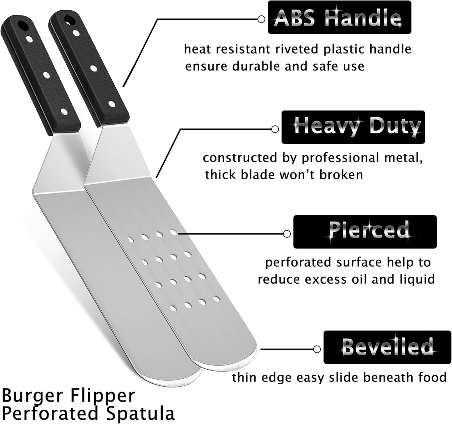HaSteeL Metal Griddle Spatula, Stainless Steel Long With Riveted Handle, Heavy Duty Perforated & Solid Burger Turner for Teppanyaki BBQ Flat Top Grilling Cooking, Dishwasher Safe