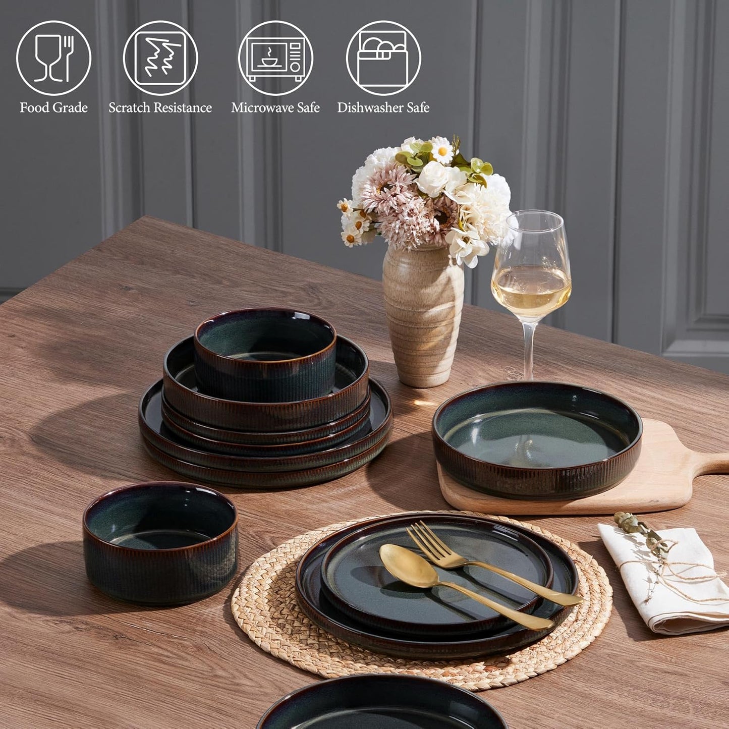 E-far 16 Piece Dinnerware Sets, Plates and Bowls with Pasta Bowls Service for 4, Modern Stoneware Ribbed Dishes for Kitchen Dining, Microwave & Dishwasher Safe, Blackish Green