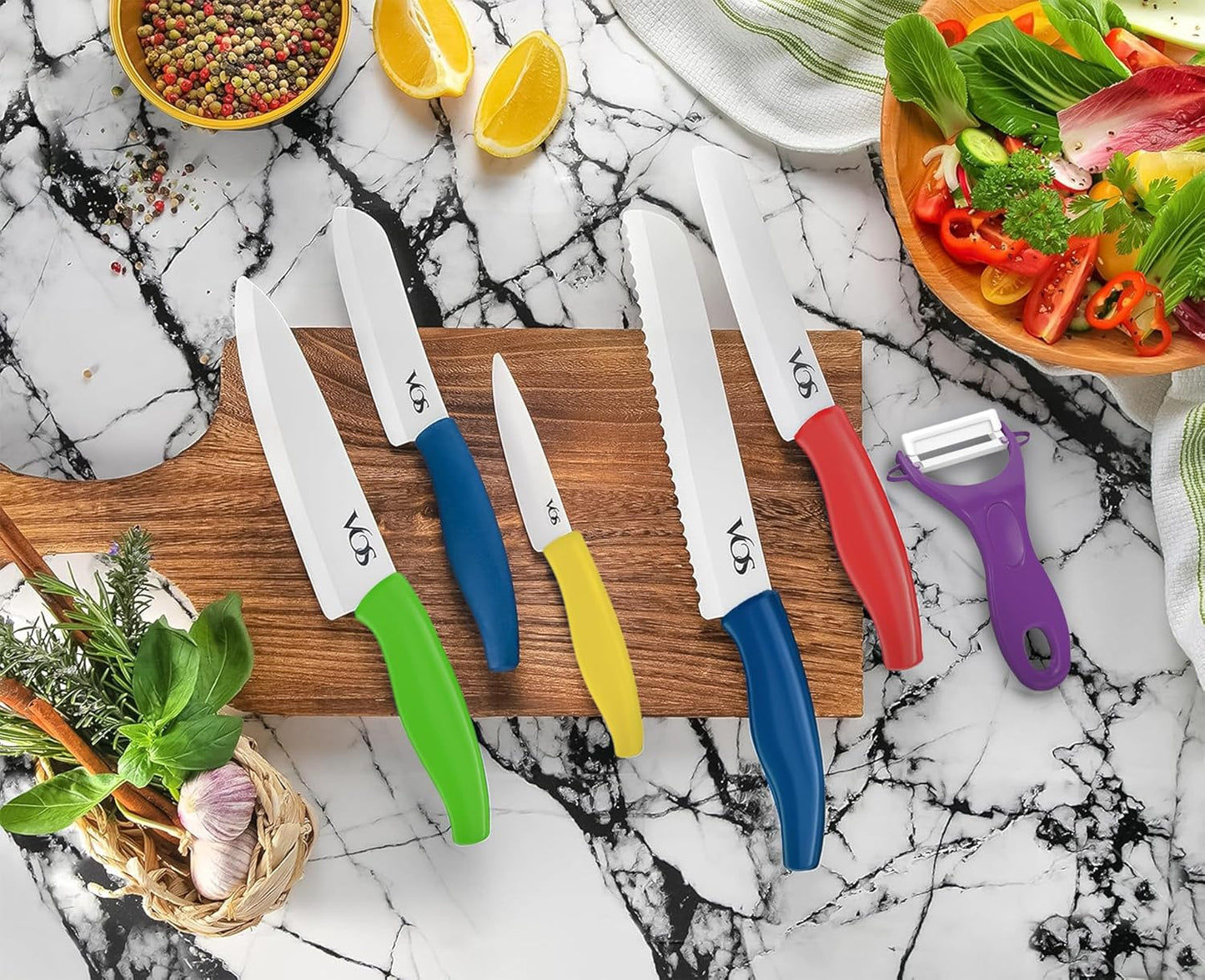 Vos Ceramic Knife with Peeler, Ceramic Knives Set For Kitchen, Ultra Sharp Kitchen Knife Set with Covers, 4"5"6"7"8" Paring, Chef Knife, Santoku & 2 more, Lightweight, Dishwasher safe (Multi-Color)