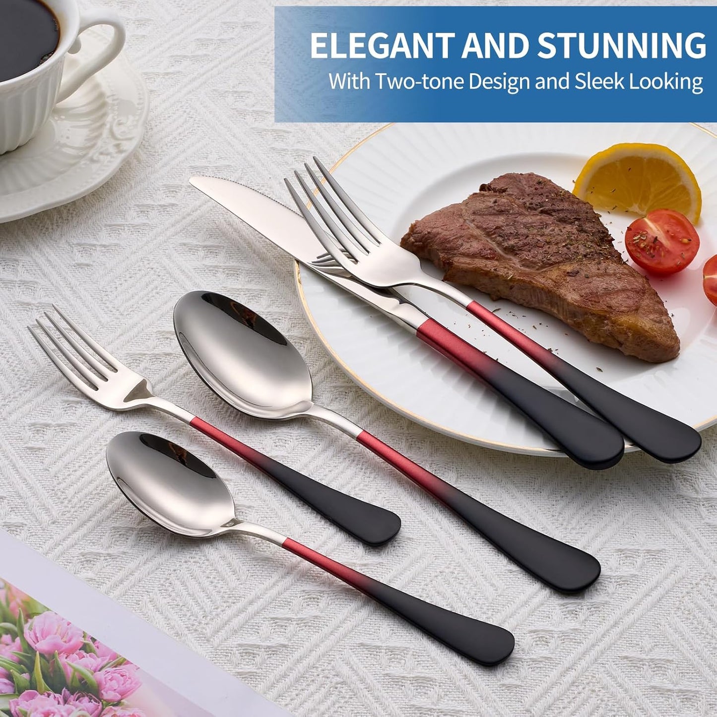 20-Piece Black Red Silverware Set, 18/0 Stainless Steel Colorful Handle Flatware Set,Service for 4,Modern Cutlery Set Includes Dinner Knives Forks Spoons,Mirror Polished,Dishwasher Safe