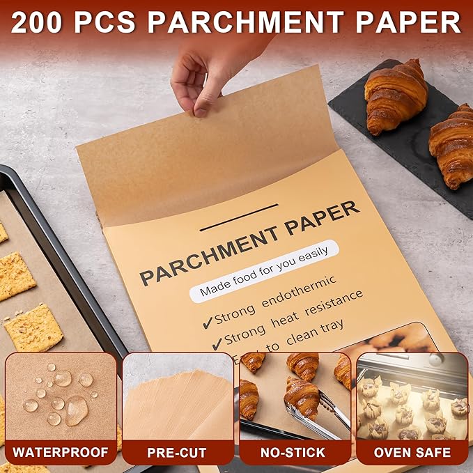 200Pcs Parchment Paper,12x16 Inches Non-Stick Precut Parchment Paper Sheets,Unbleached,Parchment For Baking Sheets,Fryer, Cooking,Oven,Perfect for Bread, Cakes, Barbecue