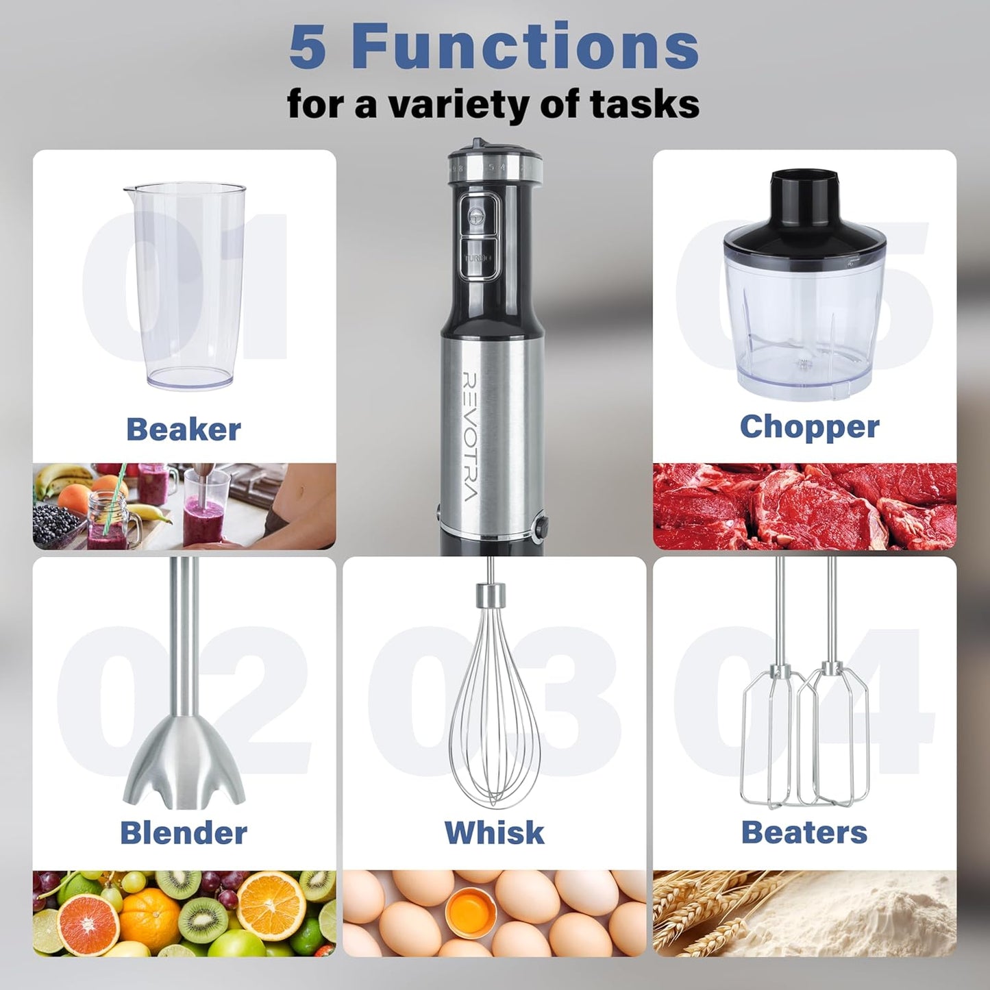 Immersion Blender Handheld, 5 in 1 Hand Blender, 12 Speed Stainless Seel Immersion Blender, Whisk, Chopper, Beaker, Beaters