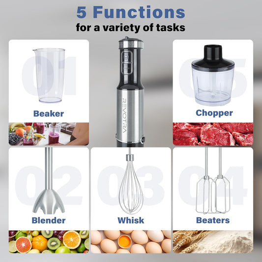 Immersion Blender Handheld, 5 in 1 Hand Blender, 12 Speed Stainless Seel Immersion Blender, Whisk, Chopper, Beaker, Beaters