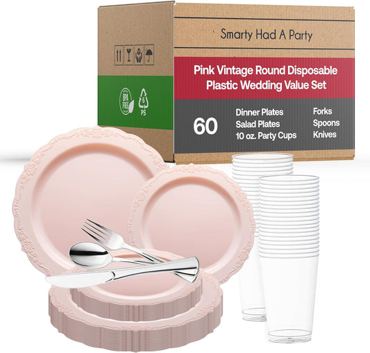 Elegant Plastic Plates, Disposable Dinnerware Sets, Plastic Dinner Plates, Disposable Plates for Party, Disposable Plastic Plates, Party Plates (Pink, Wedding Value Set (60 Guests))