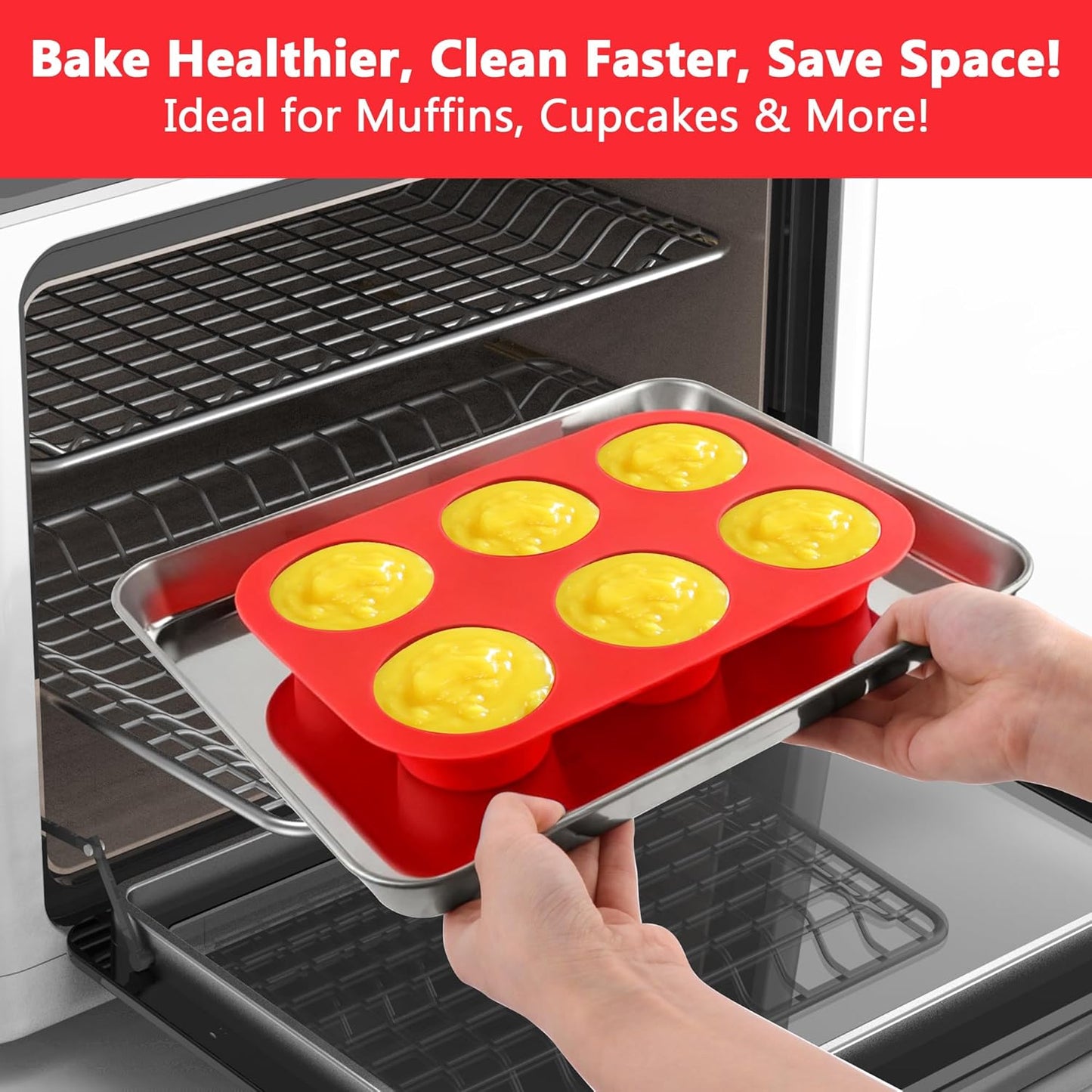 3-Pack 6-Cup Silicone Muffin Pans, Nonstick Cupcake Baking Molds, Muffin Cupcake Pans Molds for Baking, BPA/PFA-Free, Dishwasher & Oven Safe - Red