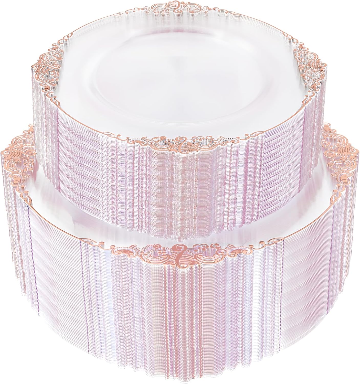 102PCS Rose Gold Plastic Plates - Clear Rose Gold Plate - Heavy Duty Disposable Plates - Fancy Disposable Dinner & Dessert Plate for 51 Guests for Party & Wedding