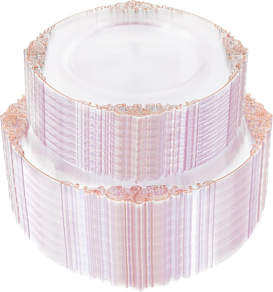 102PCS Rose Gold Plastic Plates - Clear Rose Gold Plate - Heavy Duty Disposable Plates - Fancy Disposable Dinner & Dessert Plate for 51 Guests for Party & Wedding