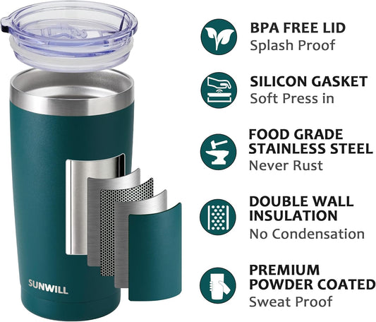 SUNWILL Travel Coffee Mug with Lid, 20 oz Tumbler Set of 2, Insulated Stainless Steel Cup for Drinks， Water, Tea, Powder Coated Forest Green & Plum