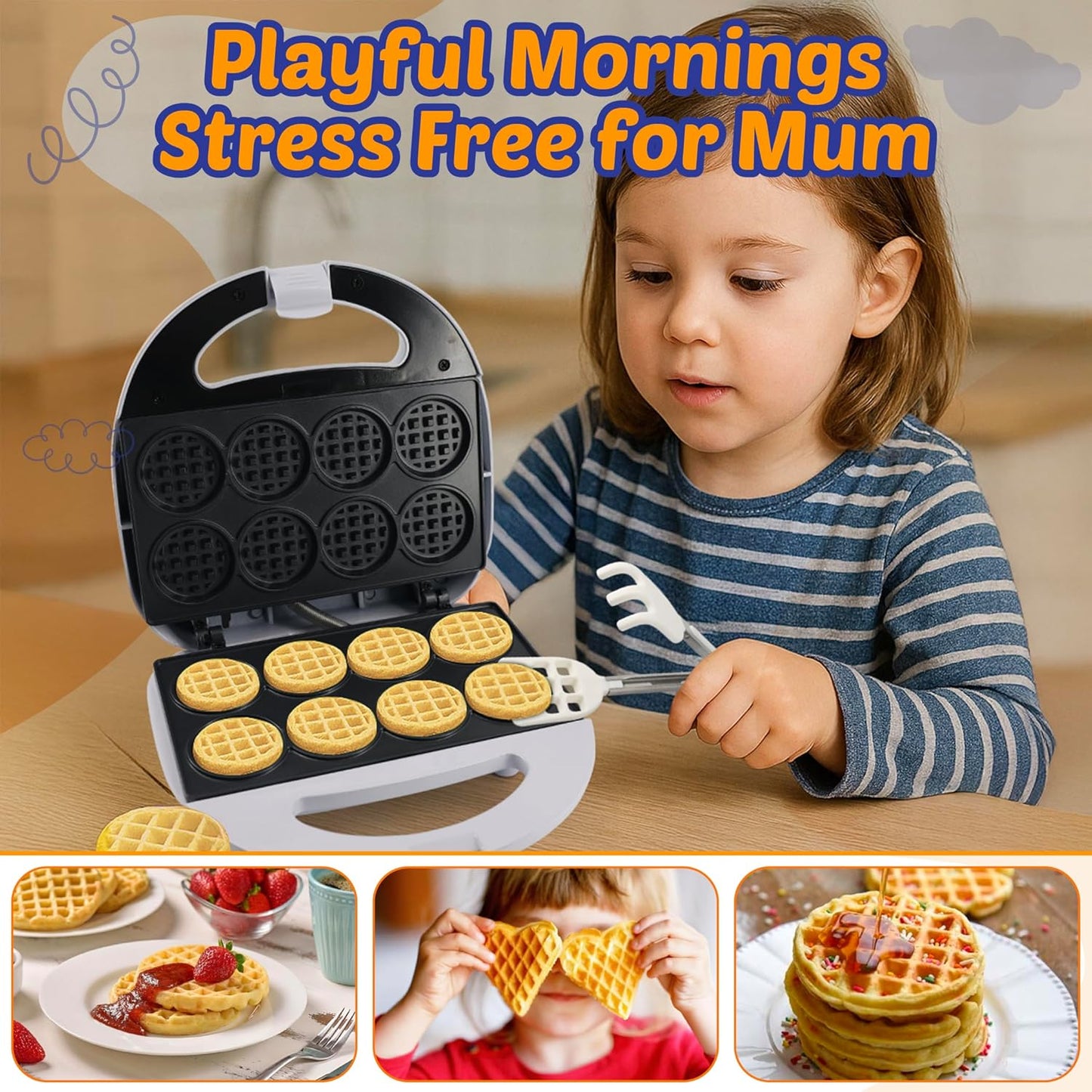 StarBlue Mini Waffle Bites Maker with FREE Waffle Tongs - 8 x 2” Tiny Waffle Bites, Non-Stick, Fast Heating, Perfect for Kids’ Breakfast, Snacks, Compact & Easy to Clean, White, 120V 60Hz 750W