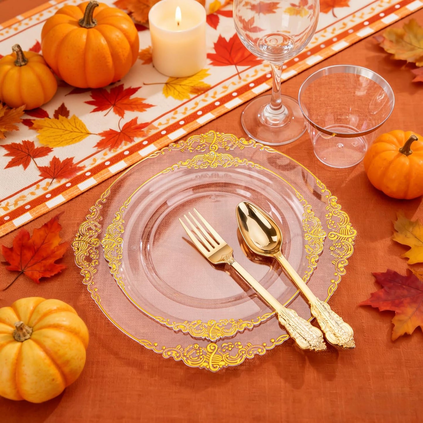 Hioasis 350pcs Clear and Gold Plastic Plates - Elegant Disposable Dinnerware Set Suitable for 50 Guests Include 10.25" Dinner & 7.5" Dessert Plates, Pre Rolled Silverware Set, Cups for Party & Wedding