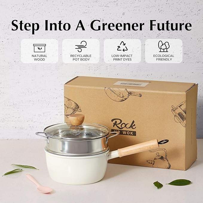 ROCKURWOK Ceramic Nonstick Sauce Pan with Lid, 2 Quart Cooking Pot, Small Saucepan with Steamer, PTFE & PFAS-Free, Wooden Handle for Cool Touch, Universal Base(Gas, Electric & Induction), White