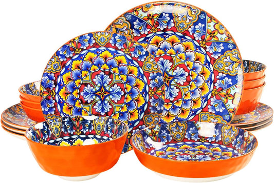 Mandala Dinnerware Sets, Plates and Bowls Set, Porcelain Dishes (16 Pieces) Service for 4, Zanzibar, Bohemian Style Dining Ware, for Kitchen and Dining Multicolor Dinnerware Set, Orange