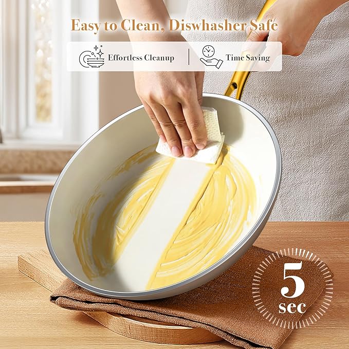 PekGema Ceramic Cookware Set 15-Pieces, Pots and Pans Set Non Stick, Oven Safe Non Toxic, Kitchen Cookware Set, PFOA PTFE FREE, Gold White