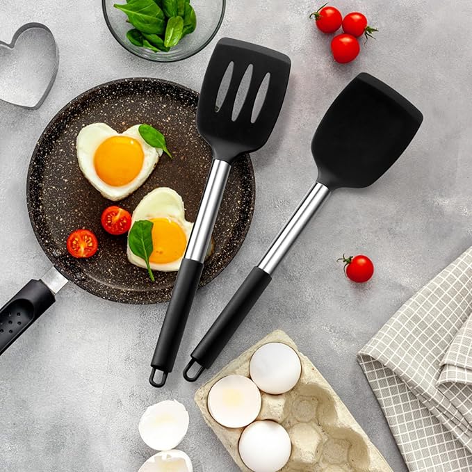 E-far Silicone Spatula Set of 2, Solid & Slotted Turner for Nonstick Cookware, Heat Resistant Rubber Kitchen Cooking Utensils for Flipping Fish Pancake Egg - Black