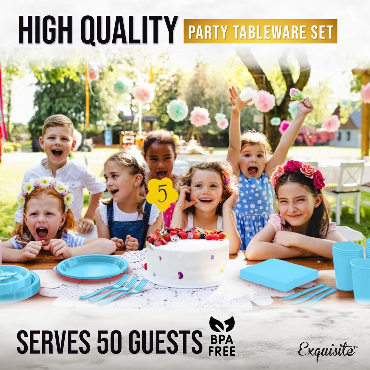 Party Solids 350 Pieces Light Blue Plastic Plates For Party, Light Blue Disposable Plates Set, 50 Of Each 9" Dinner Plate Set, 7" Dessert Plate, Cups, Napkins & Cutlery Plastic Dinnerware