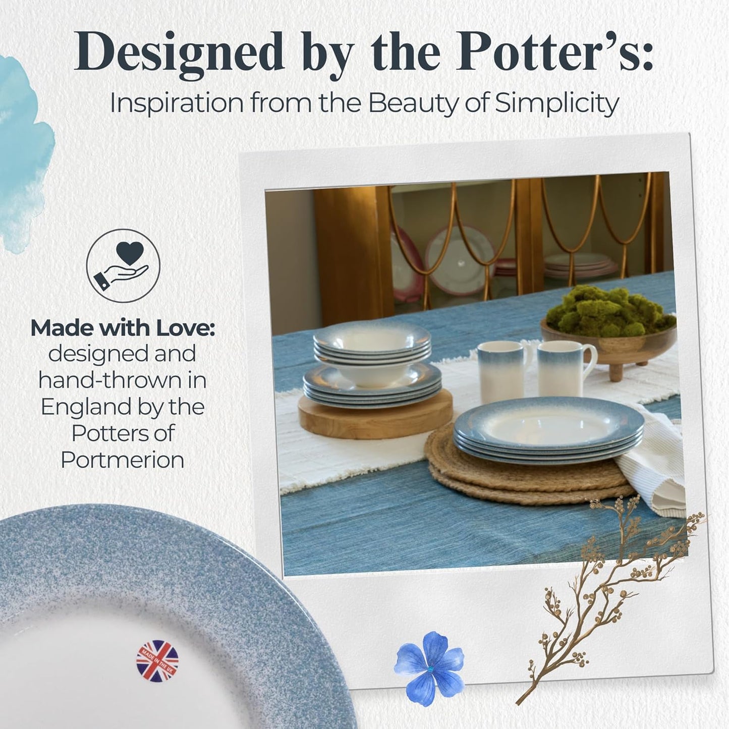 Portmeirion Potter's Mist Dinner Plate (Set of 4) - 10.5-Inch Stackable Earthenware Plates - Microwave & Dishwasher Safe, Handcrafted Dinnerware for Casual & Formal Table Settings (Blue Mist)