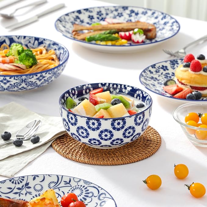 vancasso SELENE Plates and Bowls Set for 6, 24 Pieces Dinnerware Sets, Mircowave and Dishwasher Safe Dishes Set, Porcelain Blue Dinnerware