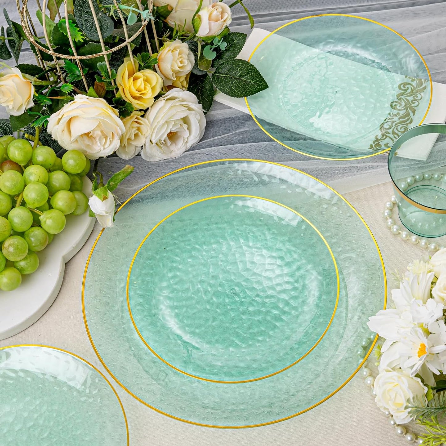 DaYammi 350 Pcs Clear Green Gold Plastic Plates, Hammered Disposable Dinnerware, Clear Green Plates Set Include 100 Plastic Platos, 150 Gold Disposable Silverware, 50 Cups And 50 Napkins for Party