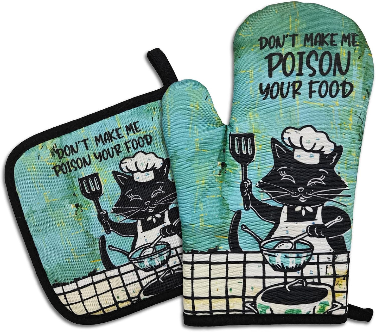 Funny Black Cat Oven Mitt and Pot Holders（Set of 2） Don't Make Me Poison Your Food Heat Resistant Silicone Non-Slip Oven Mitts Funny Kitchen Accessories Gifts for Chef Family Friend Hostess