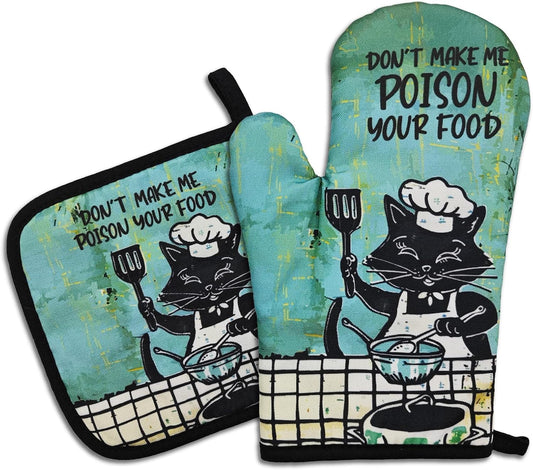 Funny Black Cat Oven Mitt and Pot Holders（Set of 2） Don't Make Me Poison Your Food Heat Resistant Silicone Non-Slip Oven Mitts Funny Kitchen Accessories Gifts for Chef Family Friend Hostess