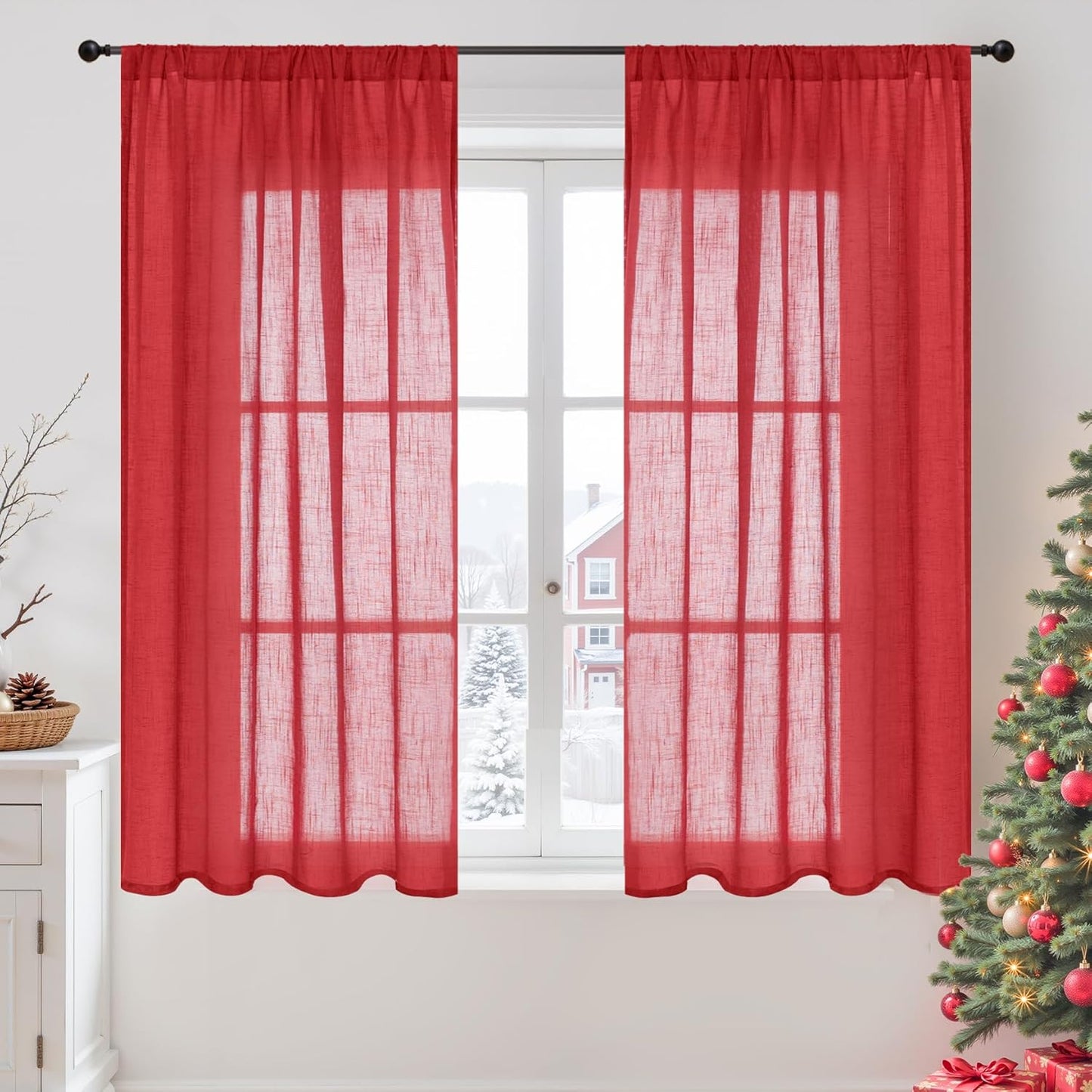 BGment Semi Sheer Red Curtains 48 Inch Length for Kitchen Windows, Short Linen Drapes Rustic with Rod Pocket for Small Bedroom Living Room Office Decor Lightweight, 2 Panels Set, Each 42 Inch Wide
