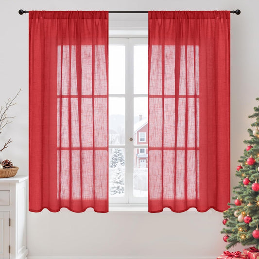 BGment Red Linen Curtains 45 Inch Length for Short Kitchen Window, Rod Pocket Semi Sheer Drapes for Office Cafe Bathroom Decor Rustic Textured Lightweight Christmas, 2 Panels Set, Each 42 Inch Wide