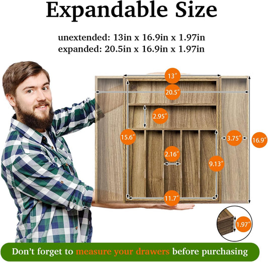 Acacia Wood Kitchen Silverware Drawer Organizer, Expandable Utensil Cutlery Drawer Organizer with Dividers, Flatware Organizer Silverware Tray for Spoon, Fork, 13''-20''x16.9'' (7-9 Slots)