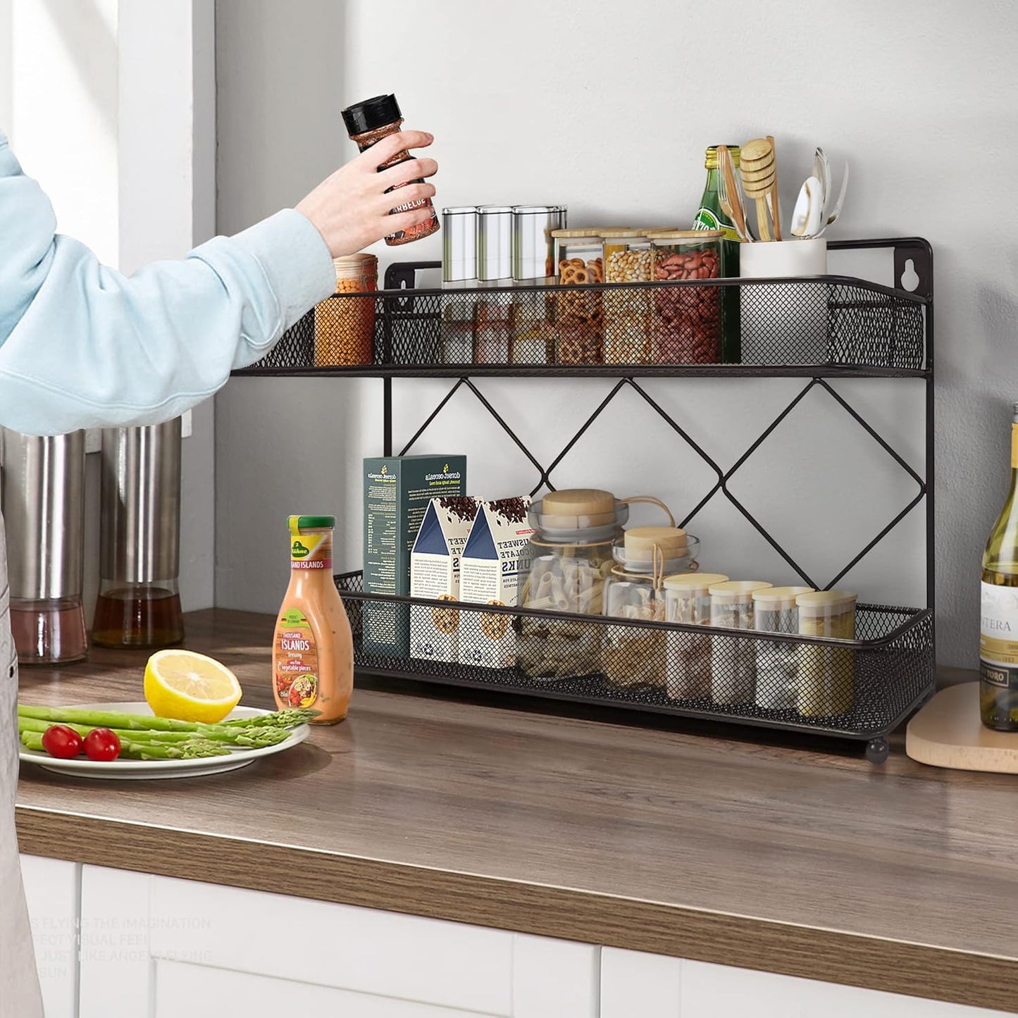 2 Tier Metal Kitchen Counter-top or Wall Mount Spice Rack, Jars Storage Organizer, Cabinet Holder, spice seasoning organizer for Partry (Bronze)