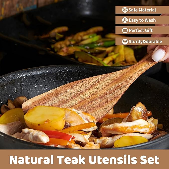 6 PCs Teak Wooden Utensil Set with Hooks, Wooden Spoons for Cooking, Wood Cooking Utensils Set, Comfort Grip, Non Stick Cookware, Easy to Clean, Kitchen Stuff, Wood Spatula