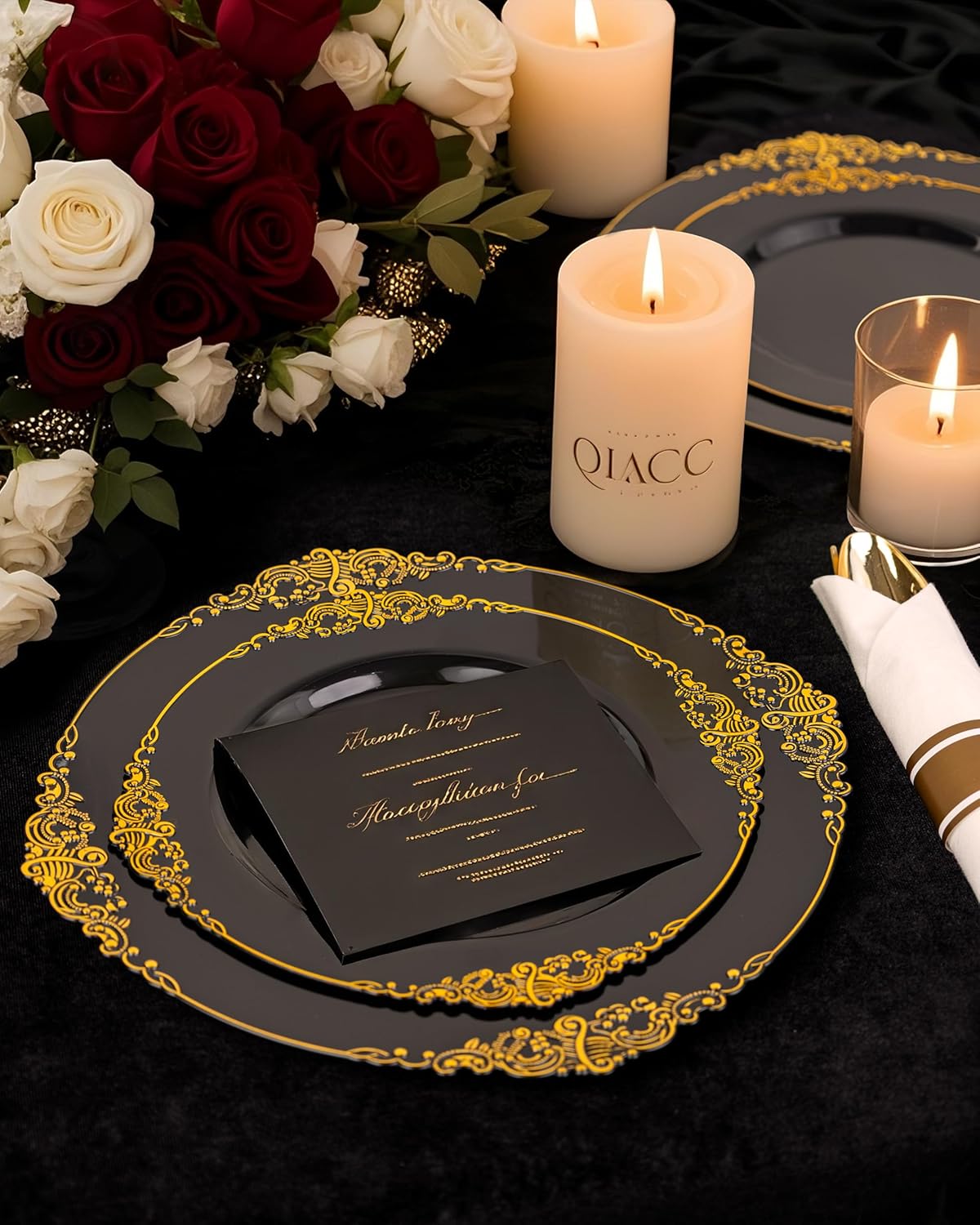 Nervure 175PCS Black Plastic Plates - Disposable Black Gold Party Plates & Pre Rolled Napkins with Cutlery for 25 Guests, 50Plates, 75Silverware, 25Cups, 25Napkin for Wedding & Party & New Year