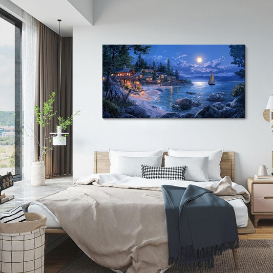 CHATYOUNG Beach Canvas Wall Art - Large 24x48 IN Dark Blue Ocean Town Calm Night View Moon Pictures Canvas Print Coastal Wall Paintings for Bedroom Living Room Kitchen Home Office Decor