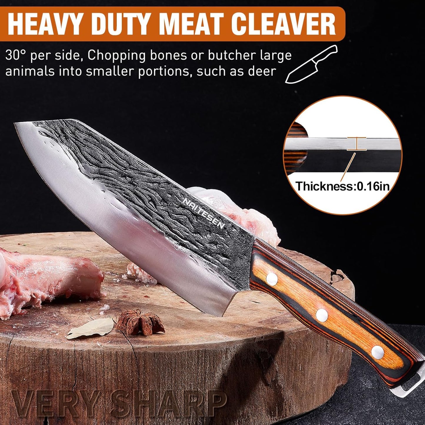 4PCS Hand Forged Butcher Knife and Kitchen Knife 2 in 1 Set, Heavy Duty Meat Cleaver Serbian Chef Knife Breaking Knife Boning Knife for Meat Cutting BBQ Gifts for Men Women
