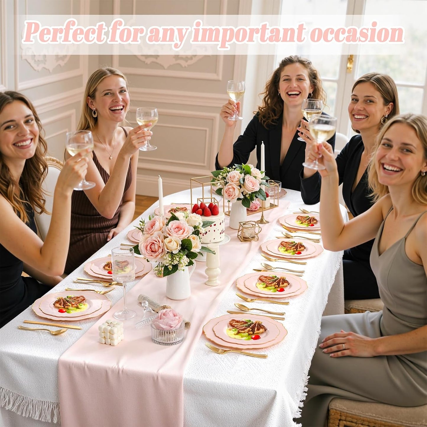 WDF 100pcs Pink Plastic Plates - High-end Baroque Design - Pink and Gold Plates for Upscale Party & Baby Shower - Including 50 Disposable Plate 10.25inch, 50Salad Plate 7.5inch