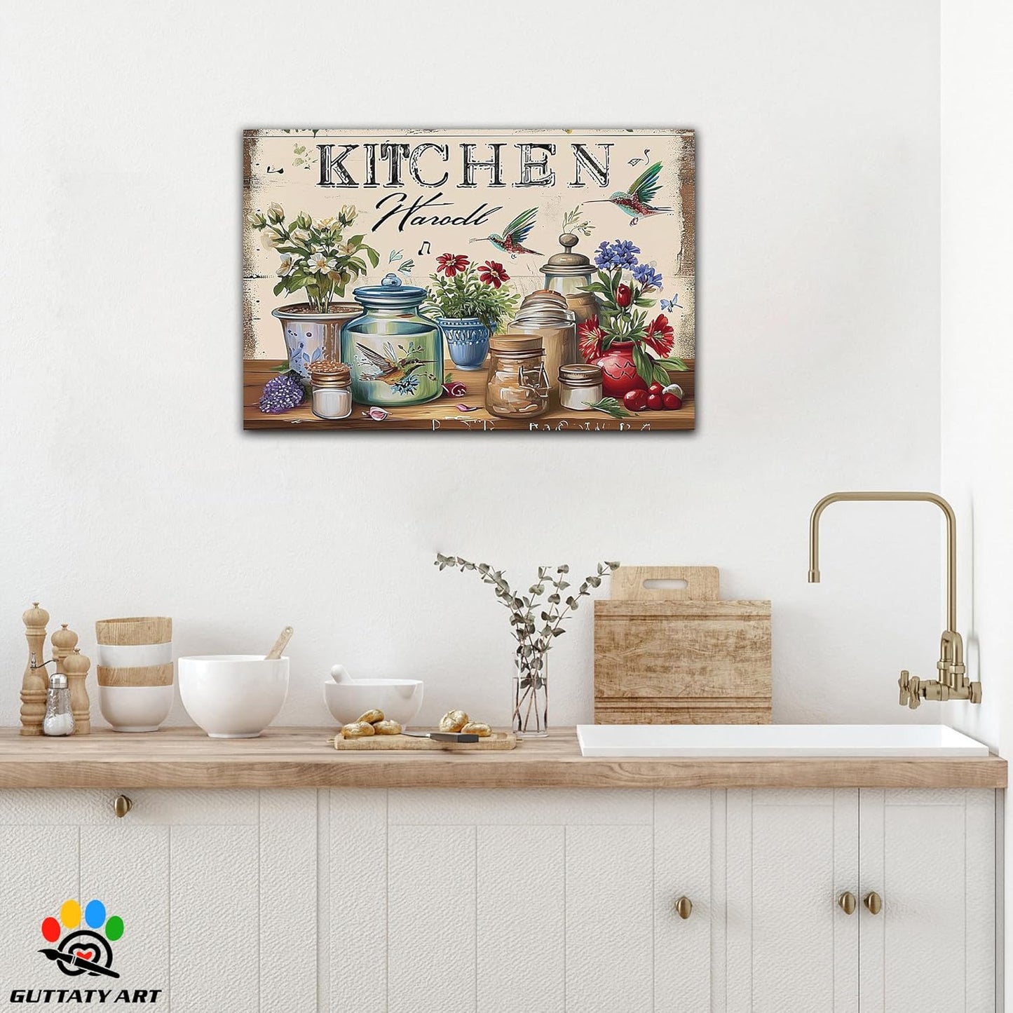 GUTTATY Farmhouse Wall Art Rustic Kitchen Decor, Ready to Hang Kitchen Canvas Print Colorful Flowers And Bird,Vintage Posters Prints for Dinning Room Home Kitchen Restaurant Painting 18×24 Inch