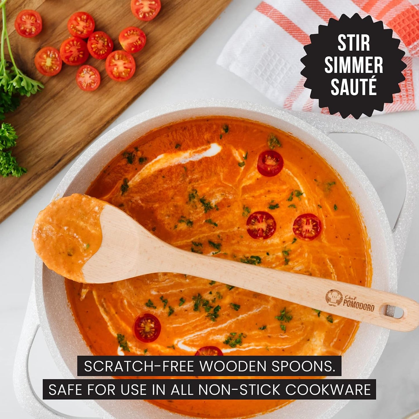 Chef Pomodoro Wooden Spoons for Cooking 3-Piece Set, Solid Beechwood Cooking Utensils | 12-Inch, 10.5-Inch, 8-Inch Wooden Utensils Set, Beechwood Kitchen Utensils, Soup Spoons for Nonstick Cookwares