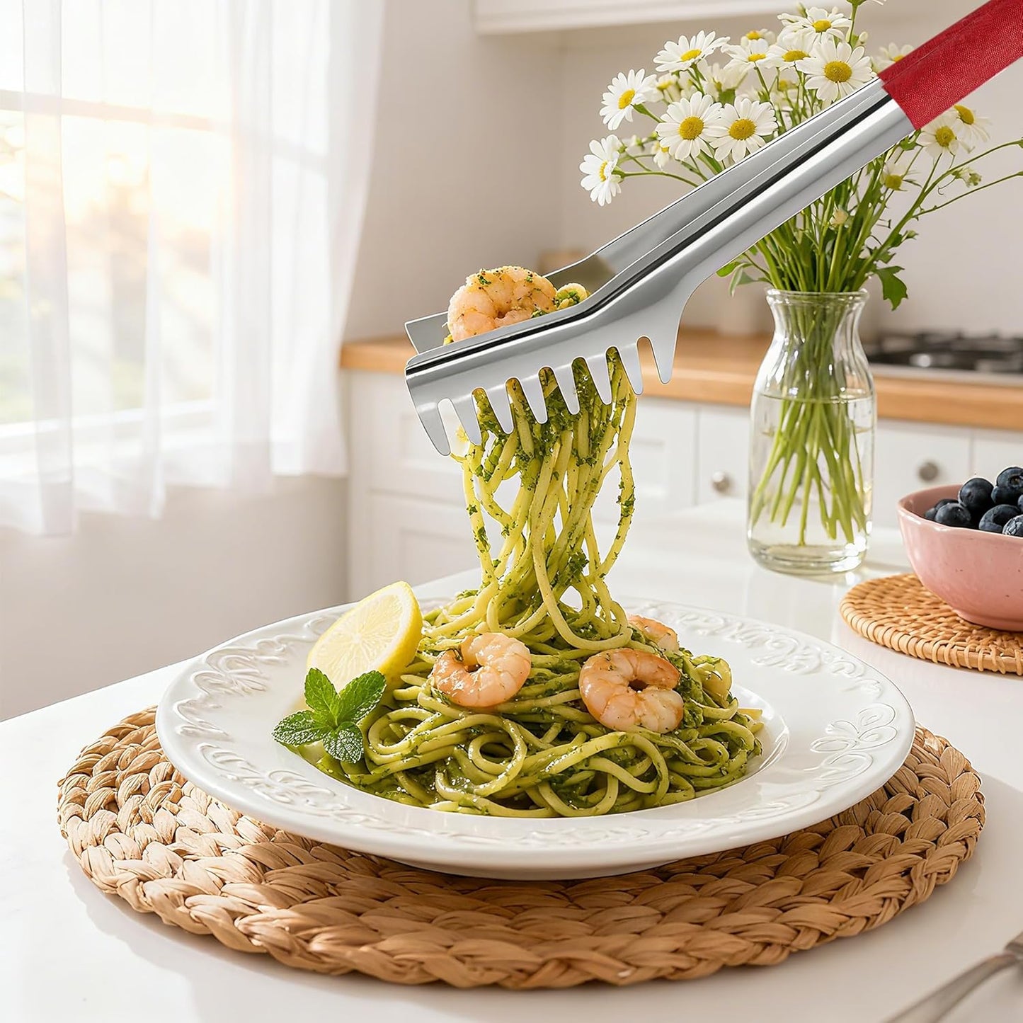 Spaghetti Spoon and Spaghetti Tong - 12 Inch Heat-Proof Handle Spaghetti Fork and Kitchen Tong, Non-stick, Easy Storage and Dishwasher Safe Utensils for Cooking, Ergonomic Design