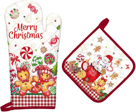 Christmas Gingerbread Oven Mitts and Pot Holders Sets 2Pcs, 100% Cotton Heat Resistant, Extra Long Oven Gloves Potholder for Kitchen Cooking Baking Decoration